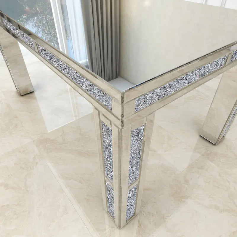 Table à manger rectangulaire miroir argenté avec détails en diamant concassé – Peut accueillir jusqu'à 6 personnes