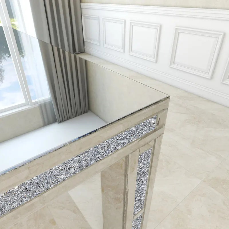 Table à manger rectangulaire miroir argenté avec détails en diamant concassé – Peut accueillir jusqu'à 6 personnes
