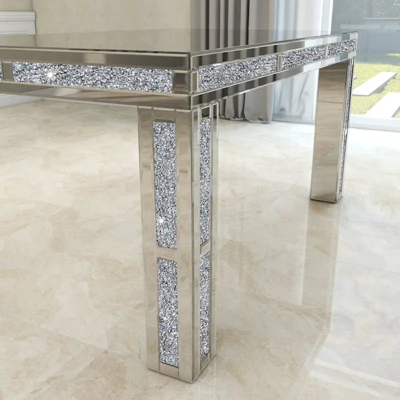 Table à manger rectangulaire miroir argenté avec détails en diamant concassé – Peut accueillir jusqu'à 6 personnes