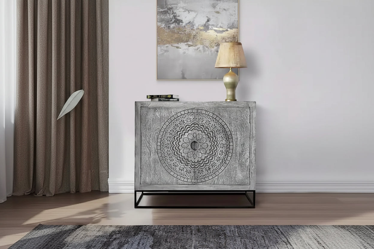 Zera 39 Inch Handcrafted Accent Cabinet with 2 Doors, Medallion Engraved, Sandblasted Gray Mango Wood, Black Iron Framed Stand