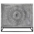 Meuble d'appoint à 2 portes en bois de manguier fait main gris et noir avec gravure médaillon et base en fer – Unité unique