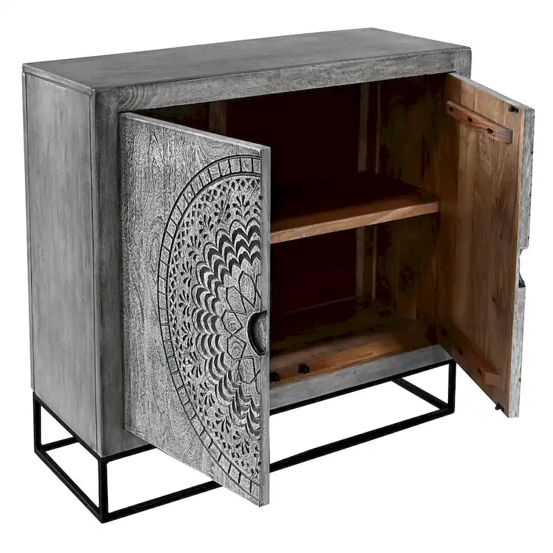 Meuble d'appoint à 2 portes en bois de manguier fait main gris et noir avec gravure médaillon et base en fer – Unité unique