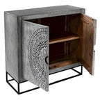 Meuble d'appoint à 2 portes en bois de manguier fait main gris et noir avec gravure médaillon et base en fer – Unité unique