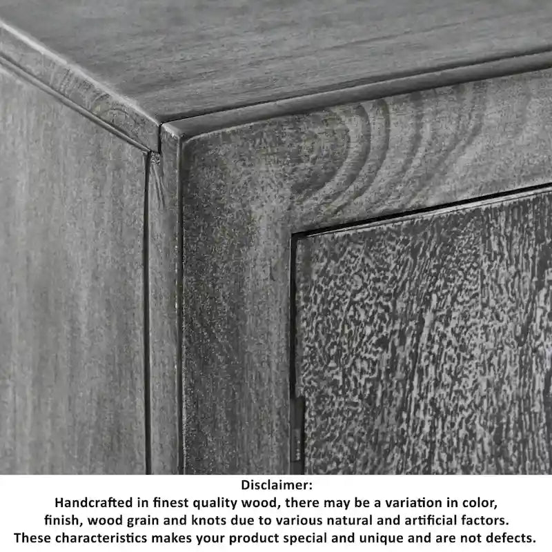 Meuble d'appoint à 2 portes en bois de manguier fait main gris et noir avec gravure médaillon et base en fer – Unité unique
