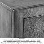 Meuble d'appoint à 2 portes en bois de manguier fait main gris et noir avec gravure médaillon et base en fer – Unité unique