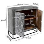 Meuble d'appoint à 2 portes en bois de manguier fait main gris et noir avec gravure médaillon et base en fer – Unité unique