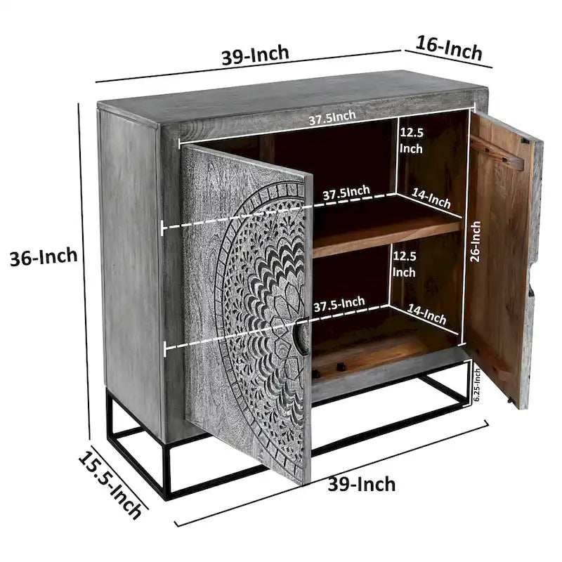 Meuble d'appoint à 2 portes en bois de manguier fait main gris et noir avec gravure médaillon et base en fer – Unité unique
