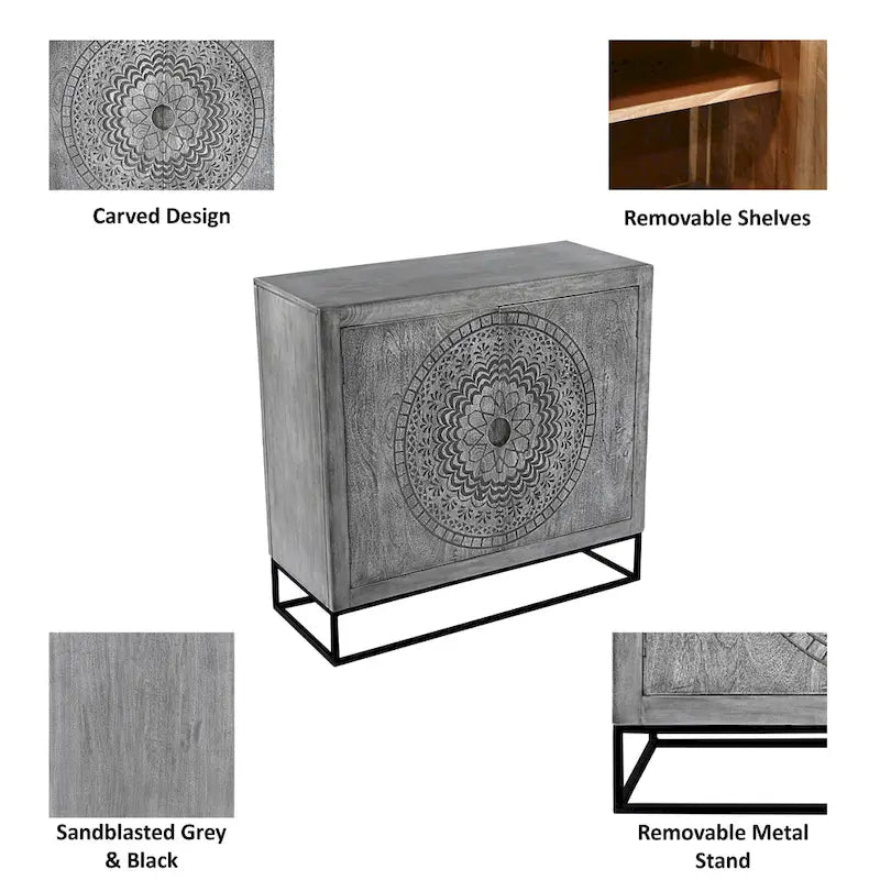 Meuble d'appoint à 2 portes en bois de manguier fait main gris et noir avec gravure médaillon et base en fer – Unité unique