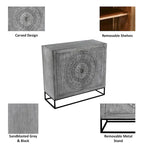 Meuble d'appoint à 2 portes en bois de manguier fait main gris et noir avec gravure médaillon et base en fer – Unité unique