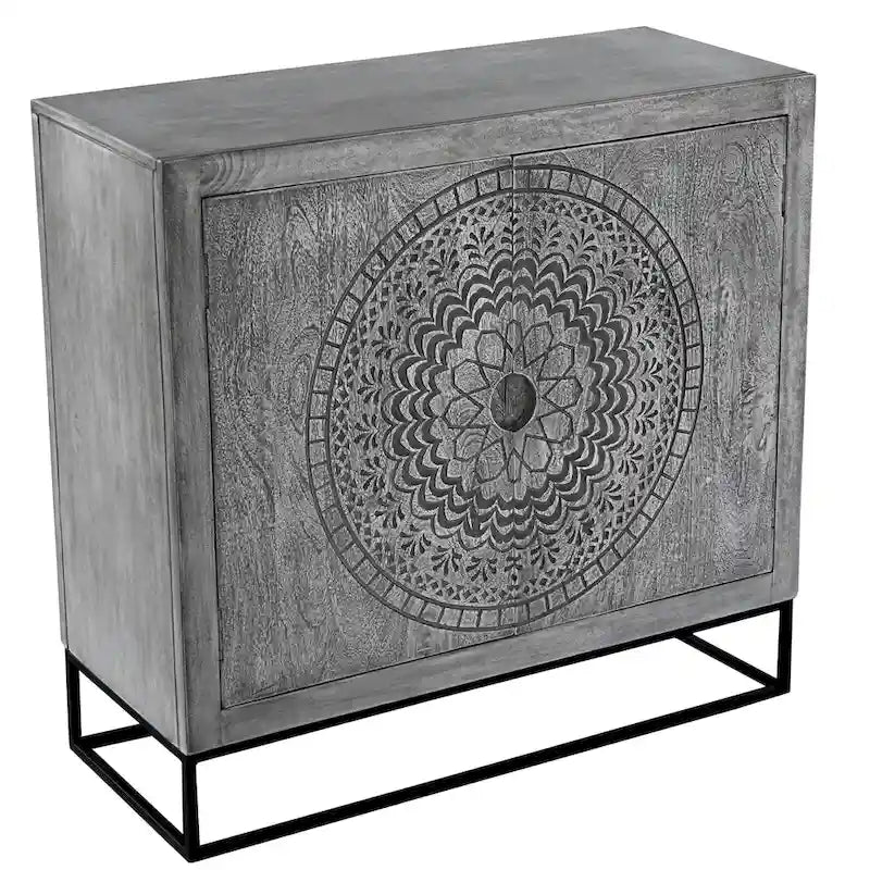 Meuble d'appoint à 2 portes en bois de manguier fait main gris et noir avec gravure médaillon et base en fer – Unité unique