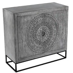 Meuble d'appoint à 2 portes en bois de manguier fait main gris et noir avec gravure médaillon et base en fer – Unité unique