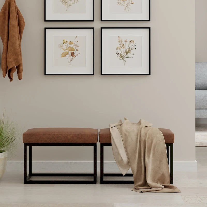 Banc ottoman rectangulaire en similicuir marron vieilli – Style industriel, 1 à 2 personnes