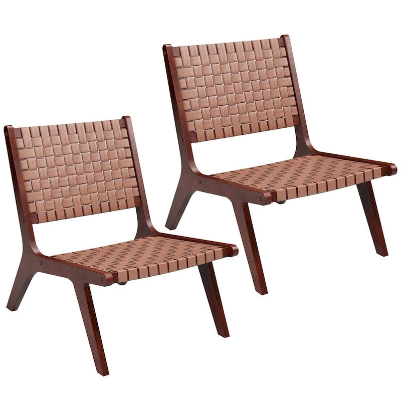 Fauteuil d'appoint sans accoudoirs tissé en similicuir marron de style Mid-Century avec structure en bois d'hévéa – 1 place