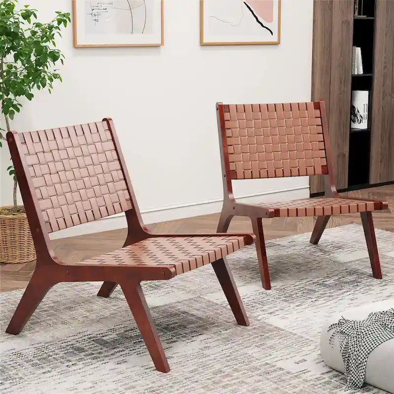 Fauteuil d'appoint sans accoudoirs tissé en similicuir marron de style Mid-Century avec structure en bois d'hévéa – 1 place