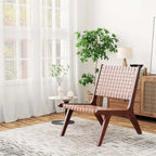 Fauteuil d'appoint sans accoudoirs tissé en similicuir marron de style Mid-Century avec structure en bois d'hévéa – 1 place