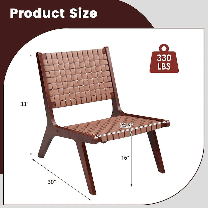 Fauteuil d'appoint sans accoudoirs tissé en similicuir marron de style Mid-Century avec structure en bois d'hévéa – 1 place