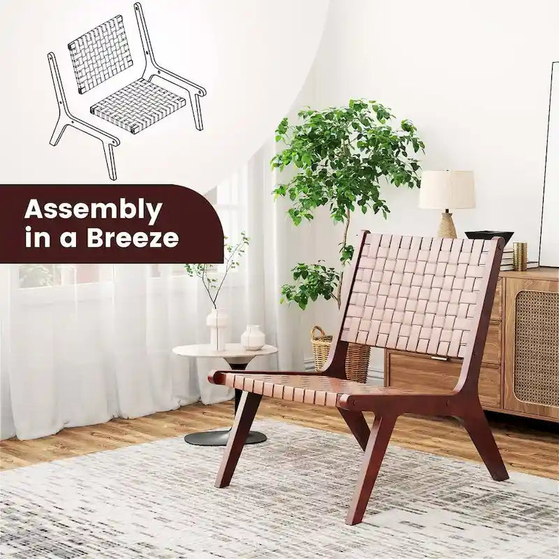 Fauteuil d'appoint sans accoudoirs tissé en similicuir marron de style Mid-Century avec structure en bois d'hévéa – 1 place