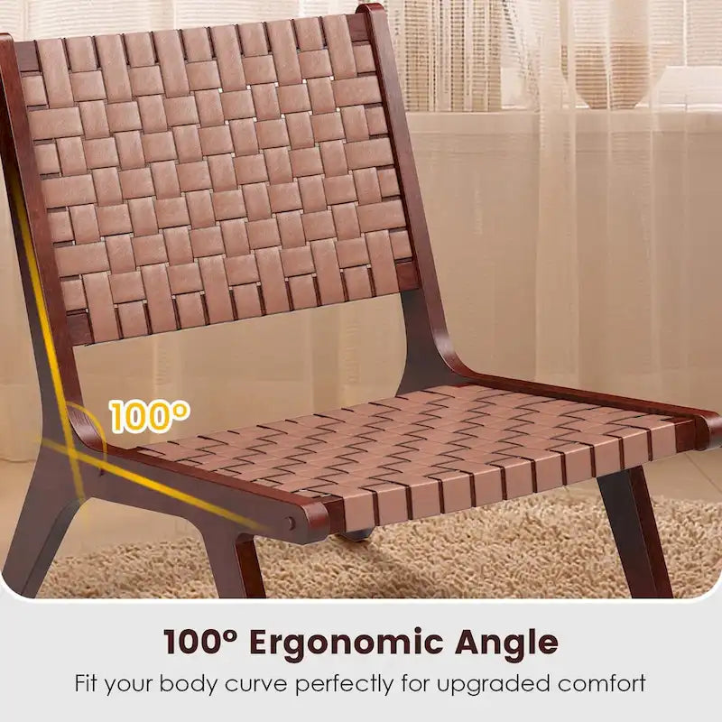 Fauteuil d'appoint sans accoudoirs tissé en similicuir marron de style Mid-Century avec structure en bois d'hévéa – 1 place