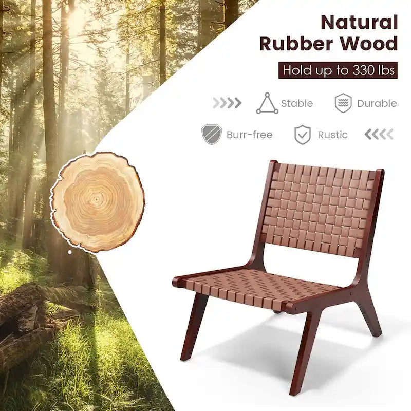 Fauteuil d'appoint sans accoudoirs tissé en similicuir marron de style Mid-Century avec structure en bois d'hévéa – 1 place