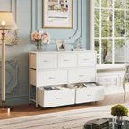 Commode à 7 tiroirs en tissu blanc / marron rustique – Style moderne, usage familial