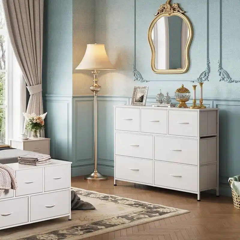 Commode à 7 tiroirs en tissu blanc / marron rustique – Style moderne, usage familial