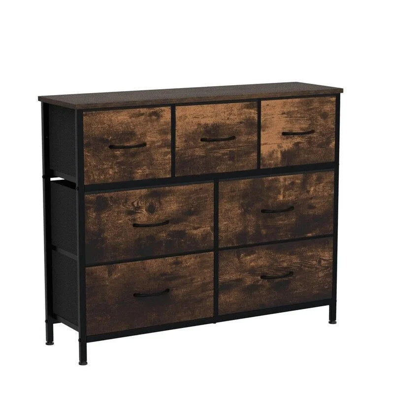 Commode à 7 tiroirs en tissu blanc / marron rustique – Style moderne, usage familial