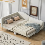 Lit de repos en lin gris/beige avec tête de lit et accoudoir – Style moderne, pour 1 personne
