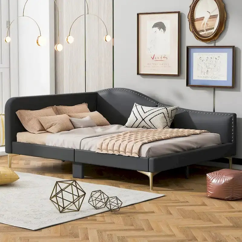 Lit de repos en lin gris/beige avec tête de lit et accoudoir – Style moderne, pour 1 personne
