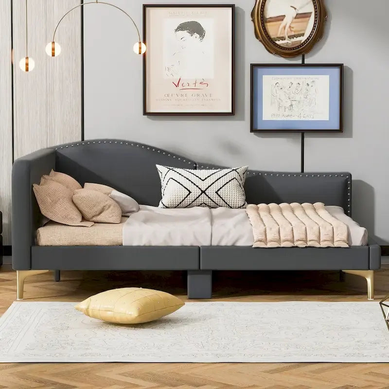 Lit de repos en lin gris/beige avec tête de lit et accoudoir – Style moderne, pour 1 personne