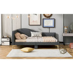 Lit de repos en lin gris/beige avec tête de lit et accoudoir – Style moderne, pour 1 personne
