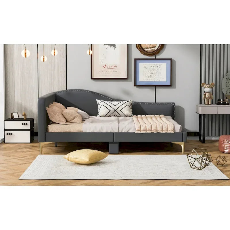 Lit de repos en lin gris/beige avec tête de lit et accoudoir – Style moderne, pour 1 personne