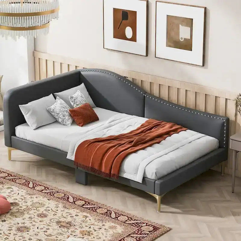 Lit de repos en lin gris/beige avec tête de lit et accoudoir – Style moderne, pour 1 personne