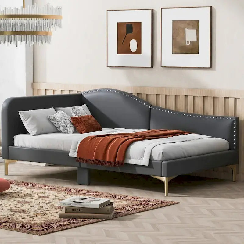 Lit de repos en lin gris/beige avec tête de lit et accoudoir – Style moderne, pour 1 personne