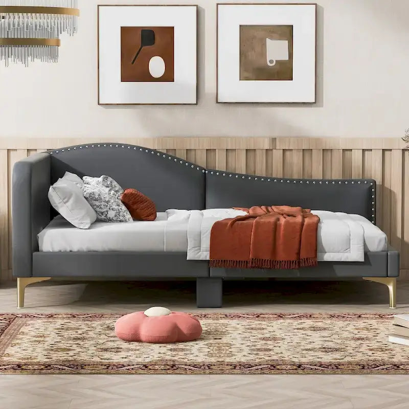 Lit de repos en lin gris/beige avec tête de lit et accoudoir – Style moderne, pour 1 personne