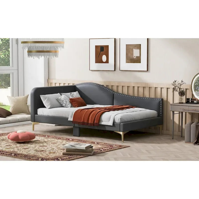 Lit de repos en lin gris/beige avec tête de lit et accoudoir – Style moderne, pour 1 personne
