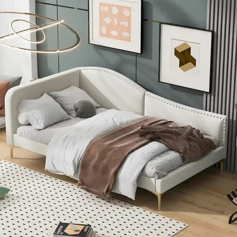 Lit de repos en lin gris/beige avec tête de lit et accoudoir – Style moderne, pour 1 personne