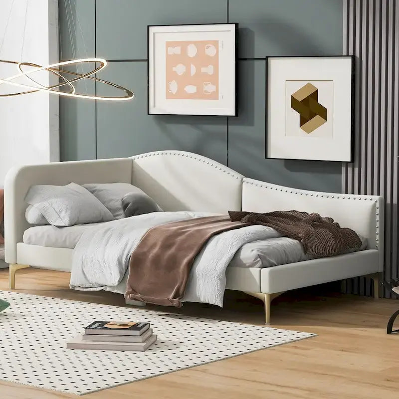 Lit de repos en lin gris/beige avec tête de lit et accoudoir – Style moderne, pour 1 personne