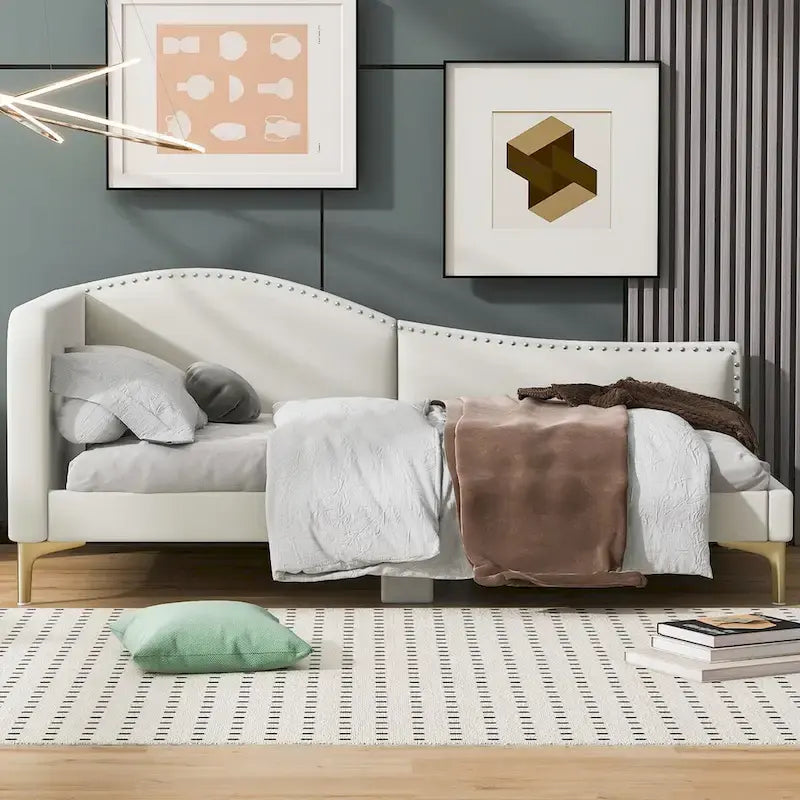 Lit de repos en lin gris/beige avec tête de lit et accoudoir – Style moderne, pour 1 personne