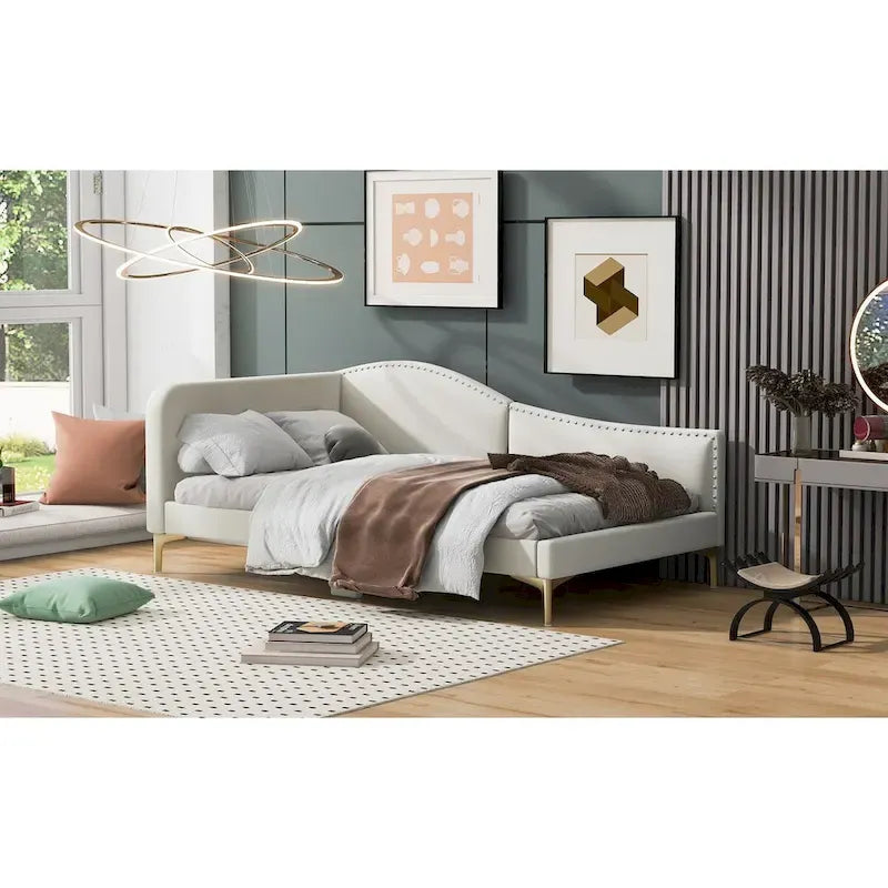 Lit de repos en lin gris/beige avec tête de lit et accoudoir – Style moderne, pour 1 personne