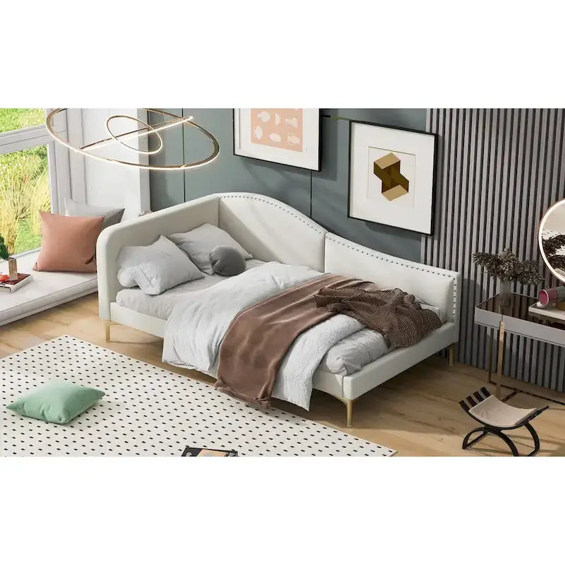 Lit de repos en lin gris/beige avec tête de lit et accoudoir – Style moderne, pour 1 personne