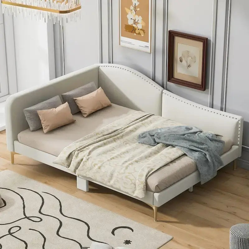 Lit de repos en lin gris/beige avec tête de lit et accoudoir – Style moderne, pour 1 personne