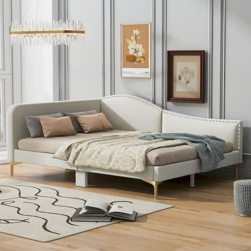 Lit de repos en lin gris/beige avec tête de lit et accoudoir – Style moderne, pour 1 personne