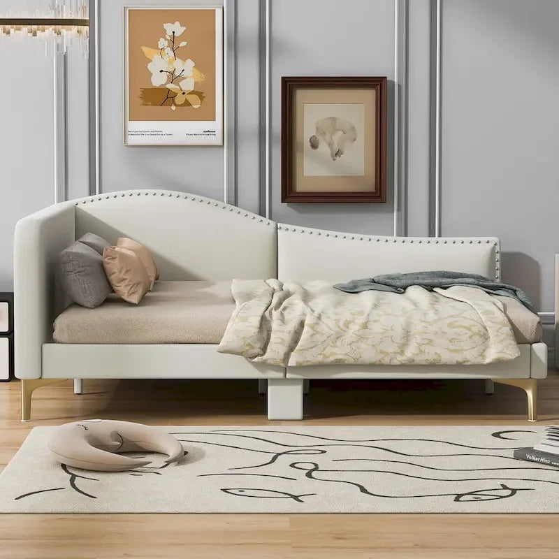 Lit de repos en lin gris/beige avec tête de lit et accoudoir – Style moderne, pour 1 personne