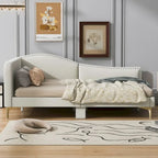 Lit de repos en lin gris/beige avec tête de lit et accoudoir – Style moderne, pour 1 personne