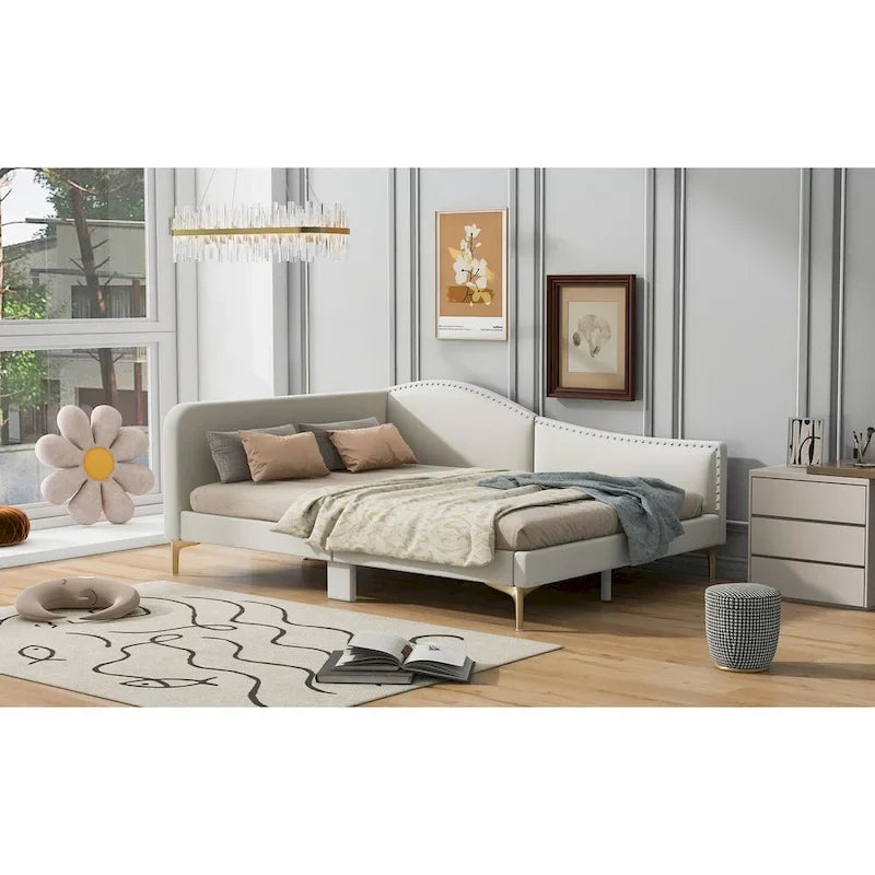 Lit de repos en lin gris/beige avec tête de lit et accoudoir – Style moderne, pour 1 personne