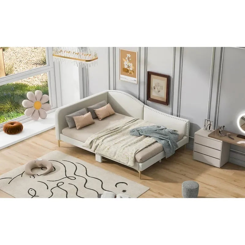 Lit de repos en lin gris/beige avec tête de lit et accoudoir – Style moderne, pour 1 personne