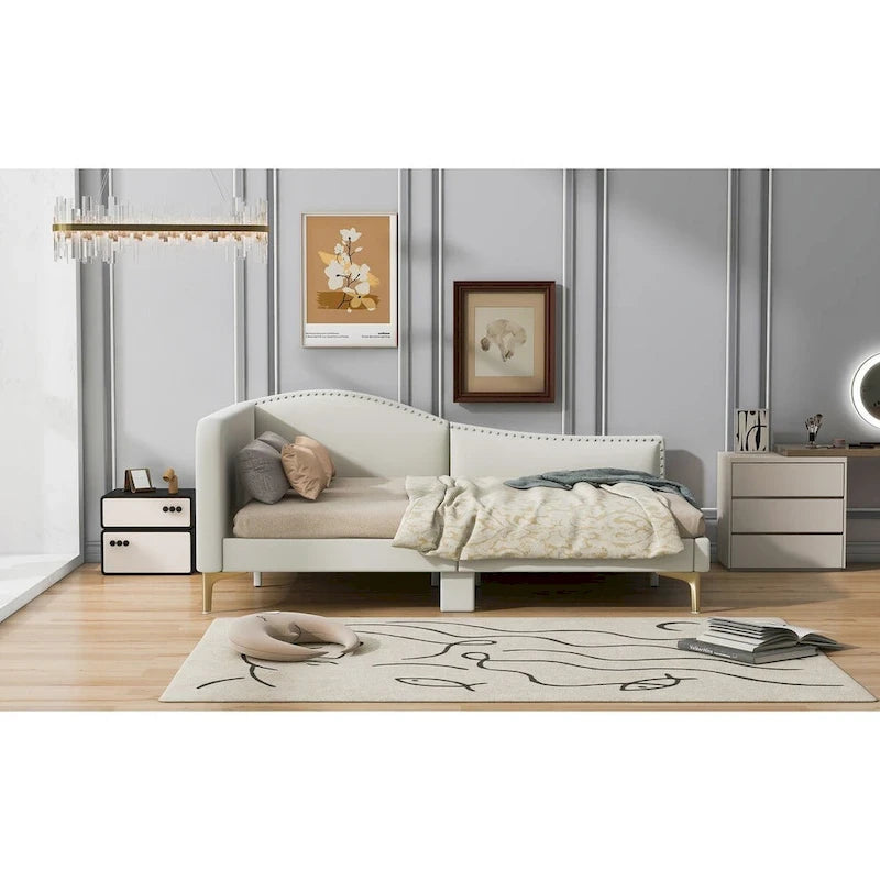 Lit de repos en lin gris/beige avec tête de lit et accoudoir – Style moderne, pour 1 personne