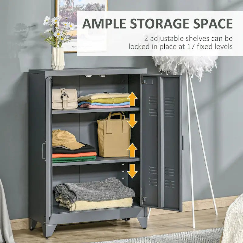 Armoire de rangement industrielle grise en acier à 2 portes avec étagères réglables et portes persiennes – Unité individuelle