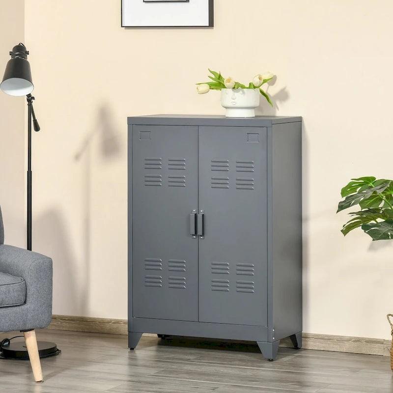 Armoire de rangement industrielle grise en acier à 2 portes avec étagères réglables et portes persiennes – Unité individuelle