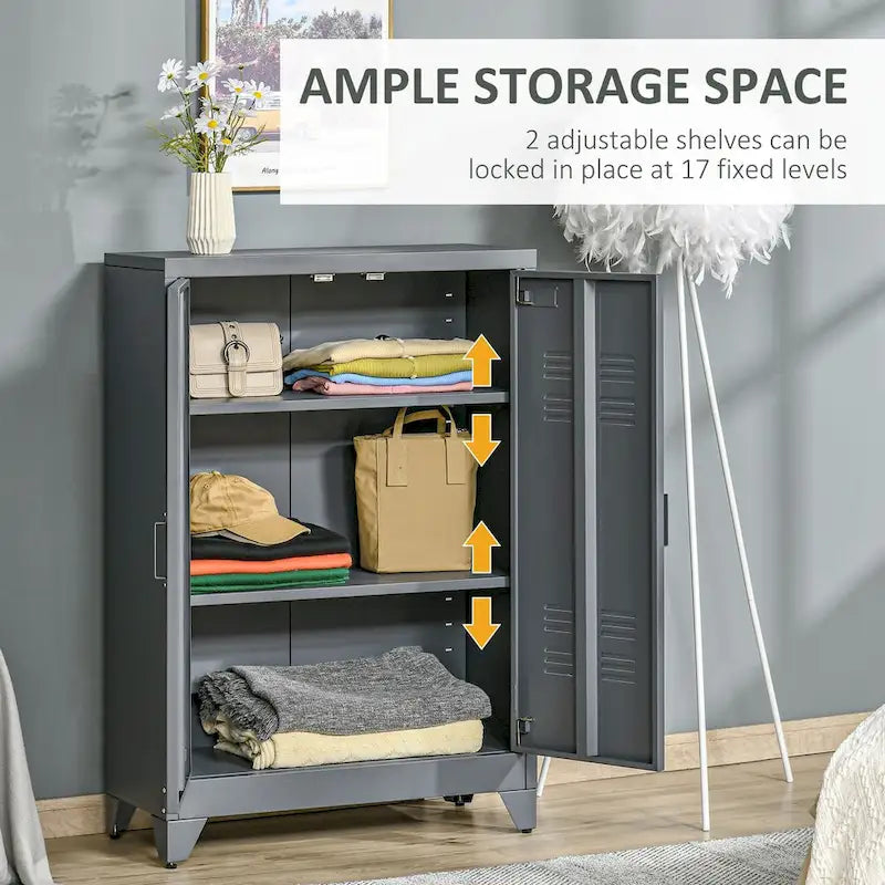 Armoire de rangement industrielle grise en acier à 2 portes avec étagères réglables et portes persiennes – Unité individuelle
